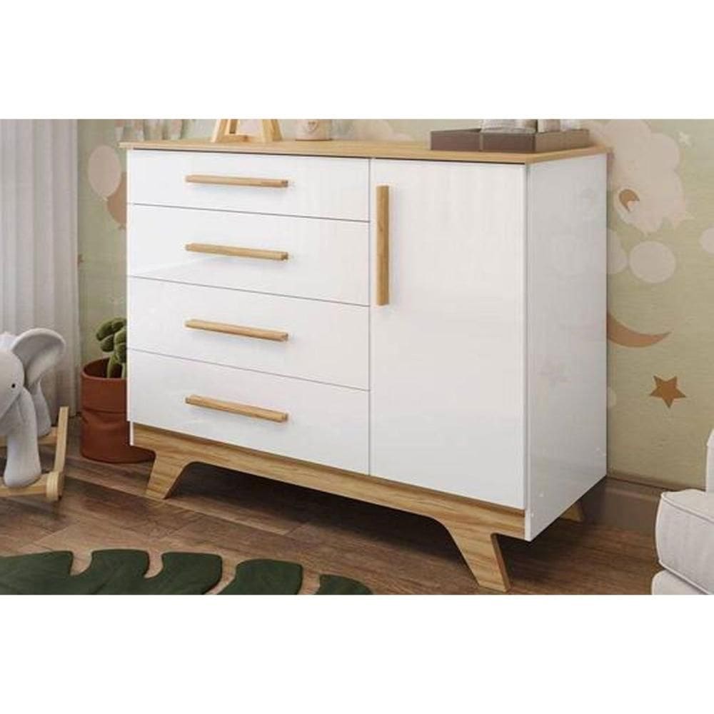 Cômoda Bebê Retrô c/ 1 Porta e 4 Gavetas Branco/Amêndoa - Peroba