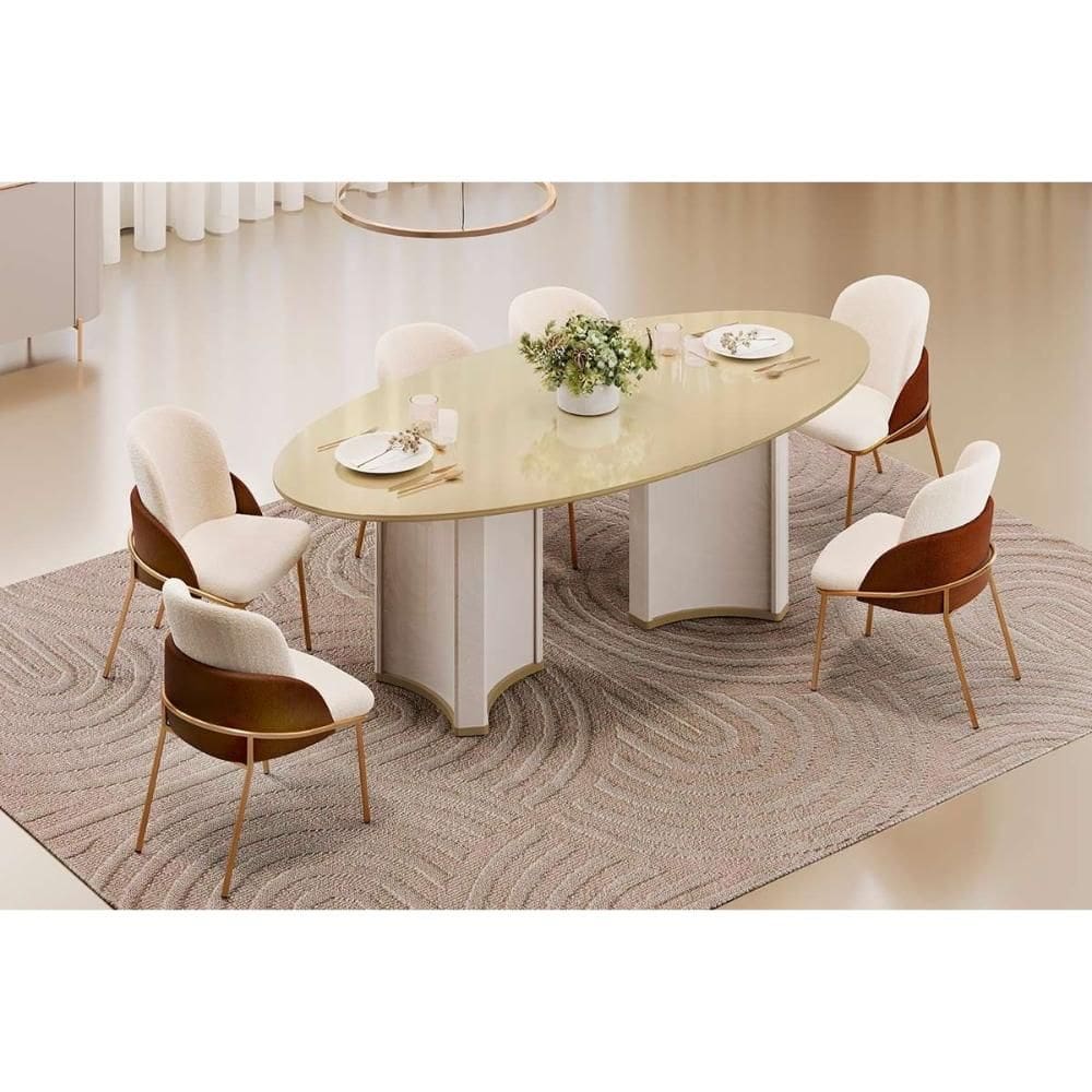 Conjunto: Mesa Sala Jantar Liz c/ Tampo Madeirado c/ Vidro Oval 218x108cm e 6 Cadeiras Vitta Off White/Dourado - Boucle Perola/Terracota - DJ Móveis