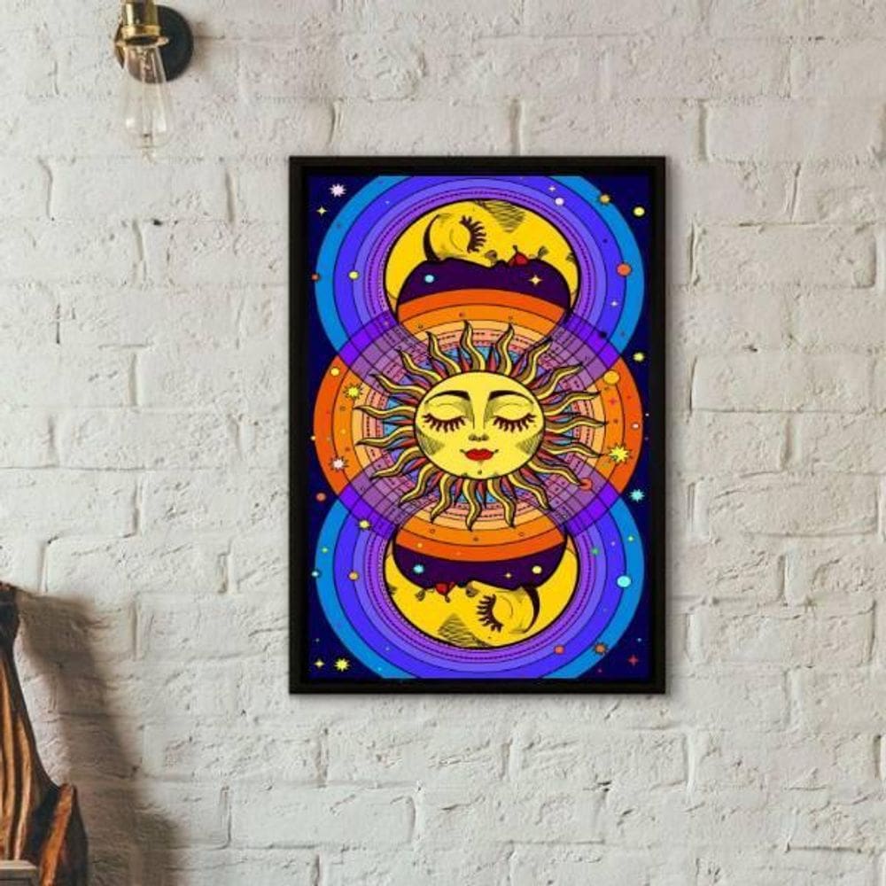 Quadro Místico Sol E Lua Colorido 24X18 Com Vidro - Preta