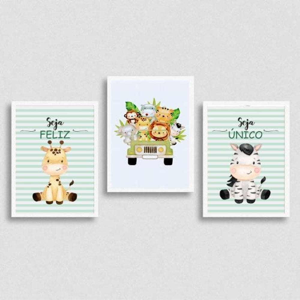 Kit 3 Quadros Safari Infantil 24x18cm Madeira Branca