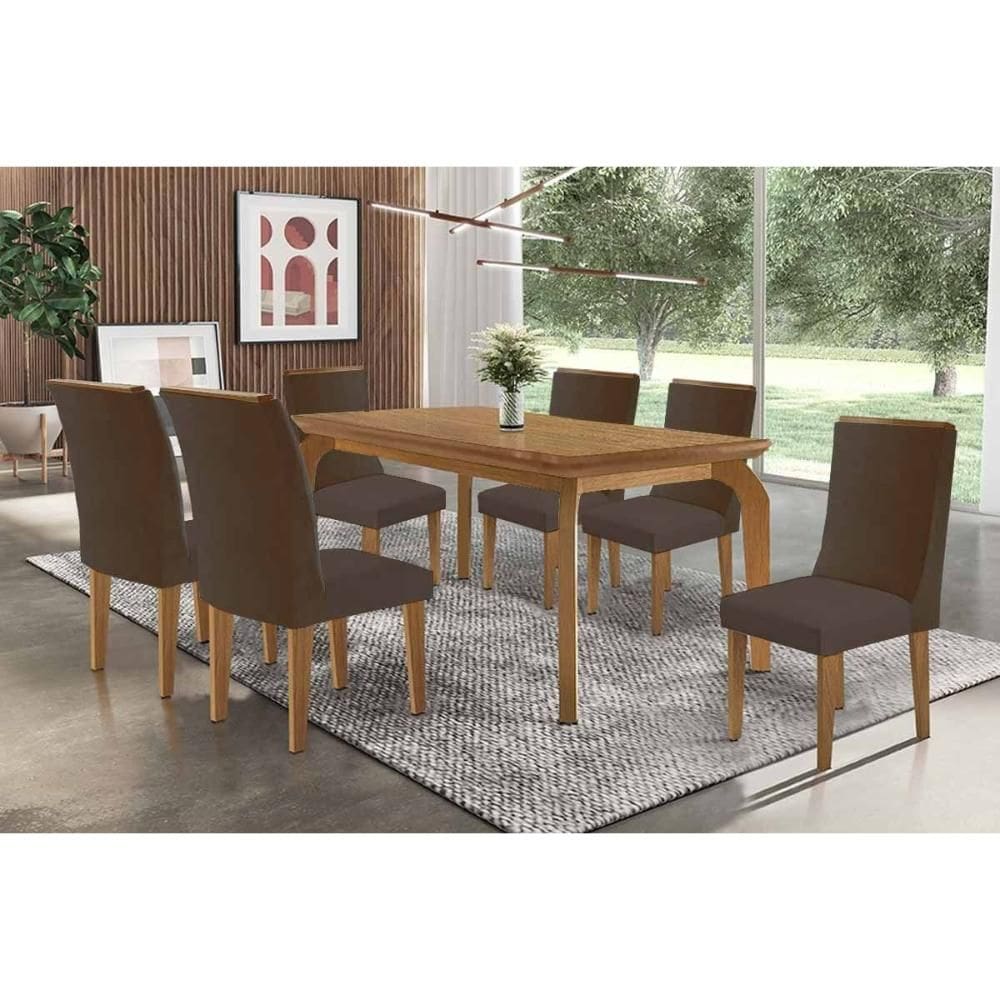 Conjunto: Mesa de Cozinha Londrina Tampo Curvo 180cm+6 Cadeiras Dakota Madeira Naturale - Capuccino/Suede Marrom - Rufato