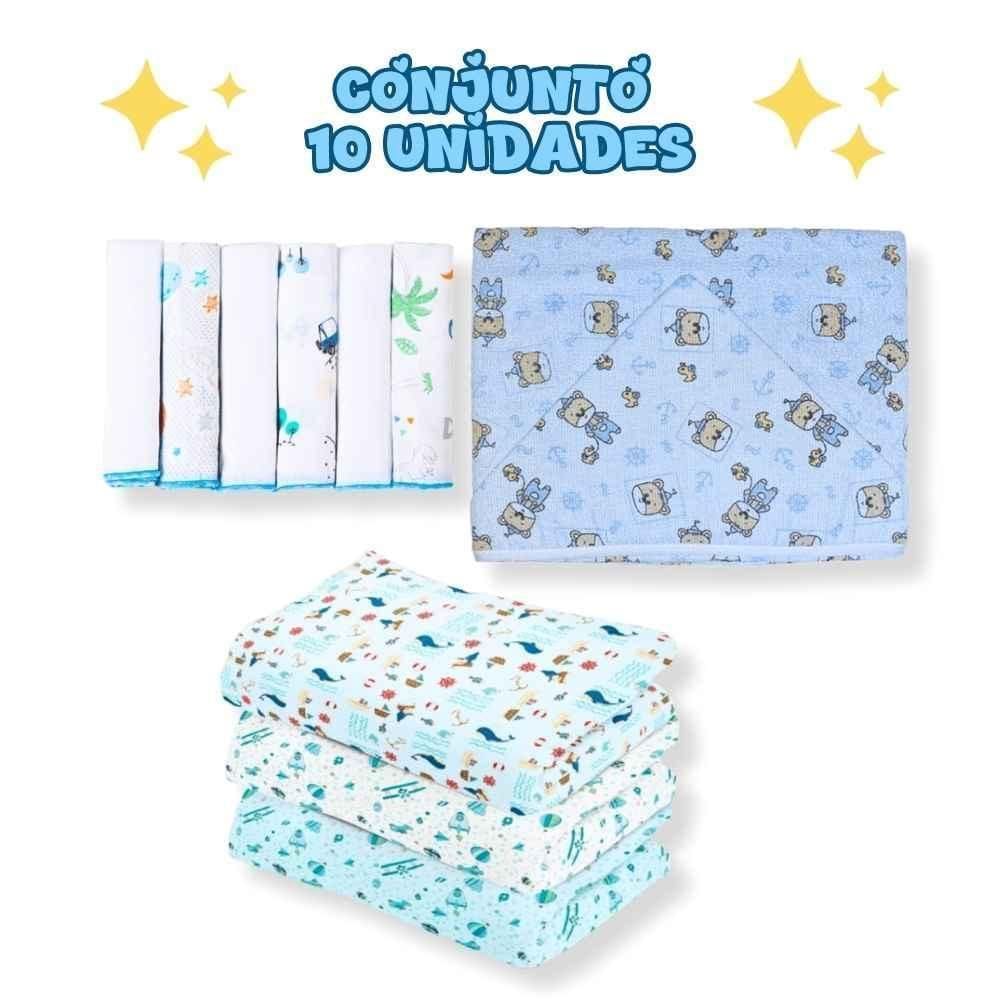 Kit 10Pçs Bebê Azul Cueiro G+ Pano De Boca + Toalha De Banho