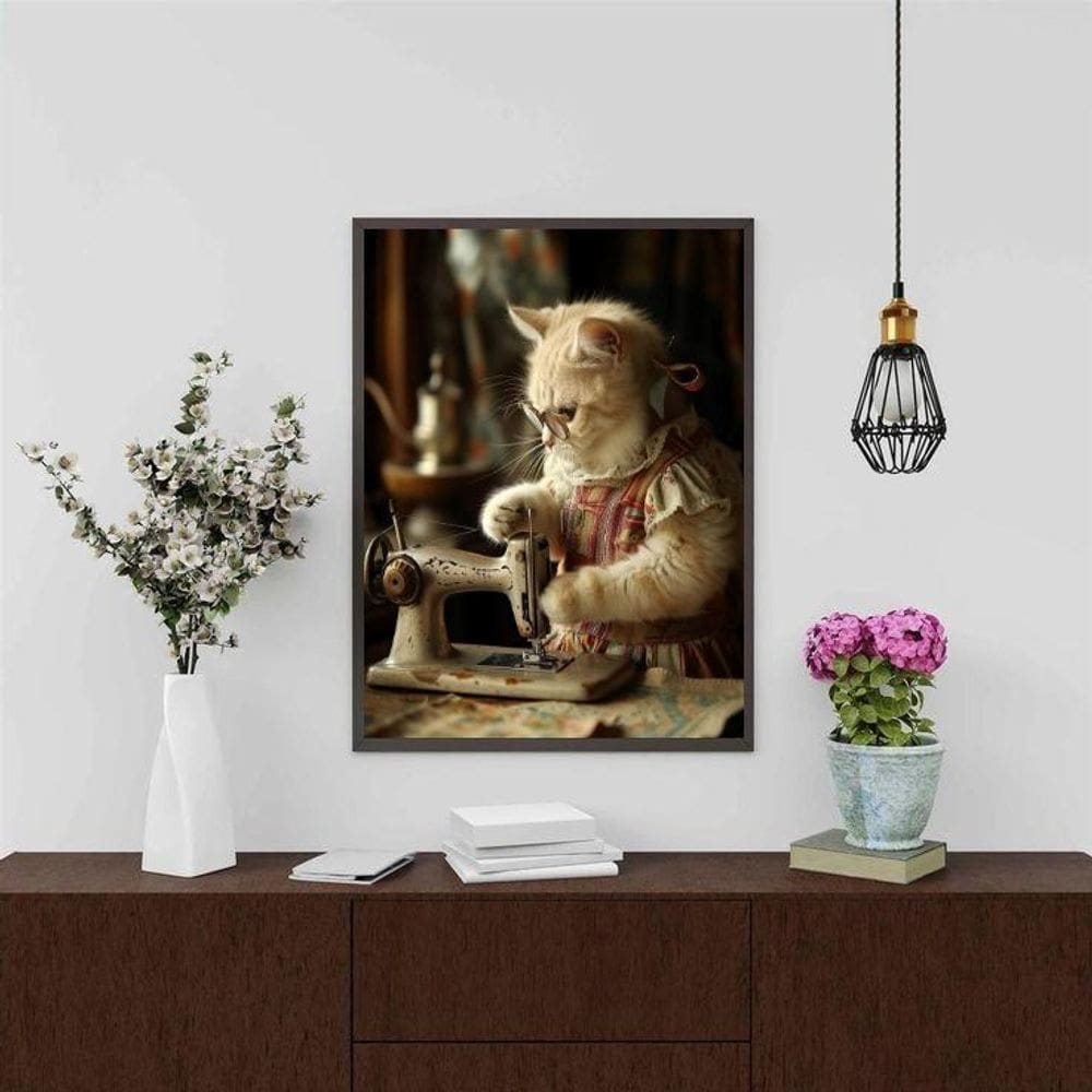 Quadro Atelier De Costura Vintage - Gatinha 24X18Cm - Vidro