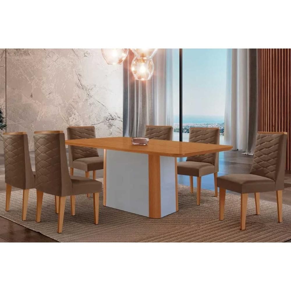 Conjunto: Mesa Sala Jantar Pietá c/ Tampo Madeirado Canto Curvo 180x90cm e 6 Cadeiras Dafne Naturale/Off White - Suede Marrom - Rufato
