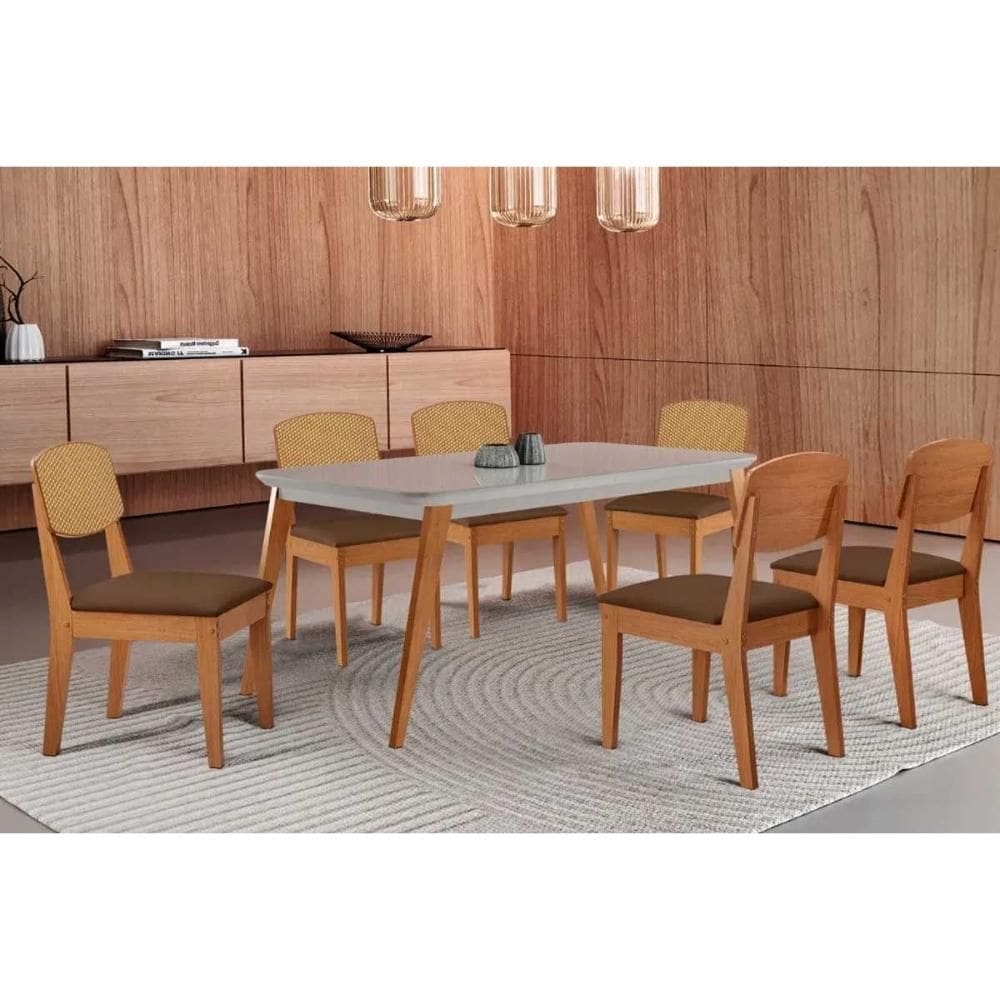 Conjunto: Mesa de Cozinha Havana Tampo c/ Vidro Curvo 180cm+6 Cadeiras Havana Naturale/Off White - Suede Marrom - Rufato