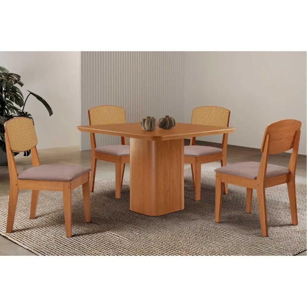 Conjunto: Mesa de Cozinha Maldivas Curvo 90cm + 4 Cadeiras Havana Naturale - Linho Capuccino - Rufato