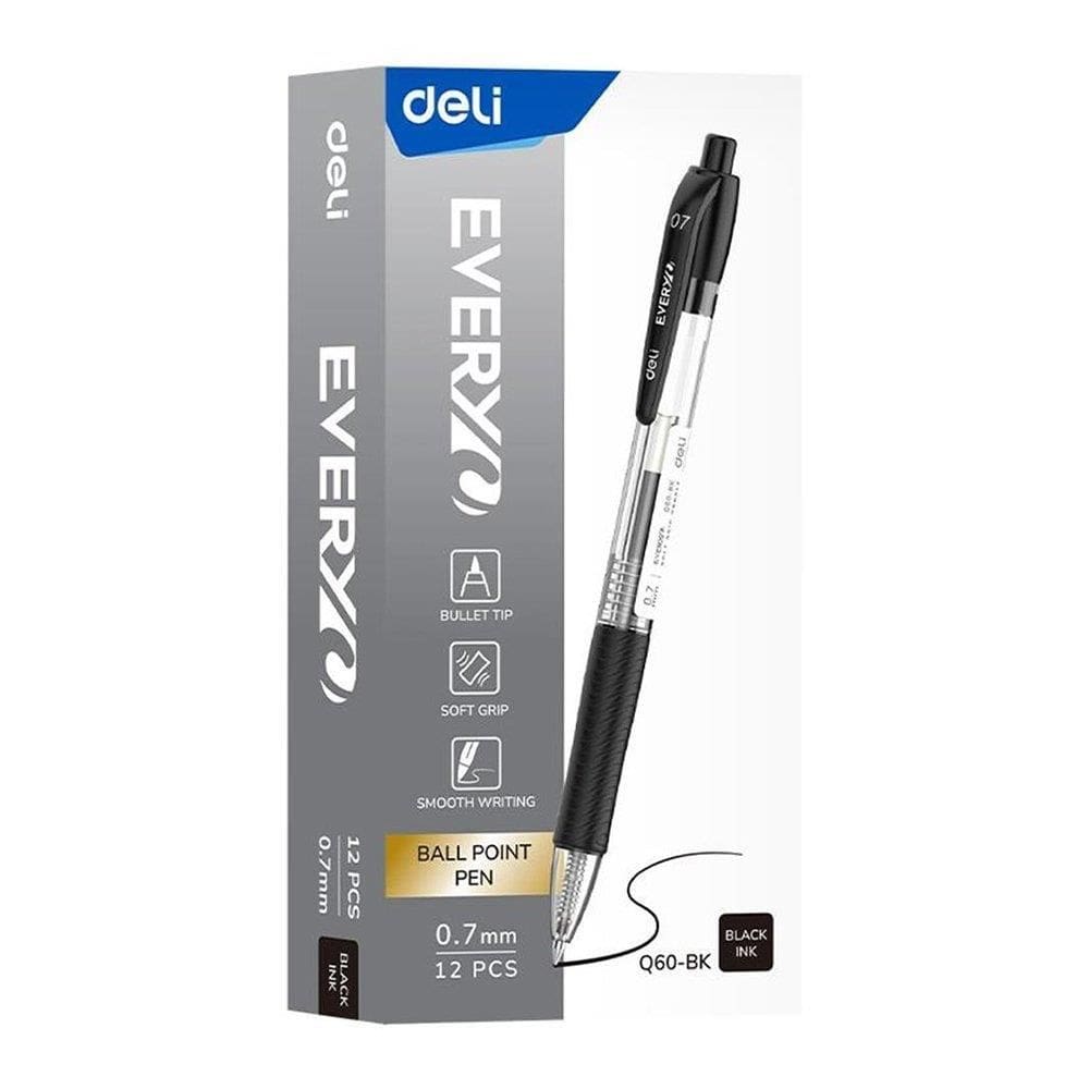 Caneta Esferográfica Deli Retrátil 0,7mm Preto - Embalagem com 12 Unidades