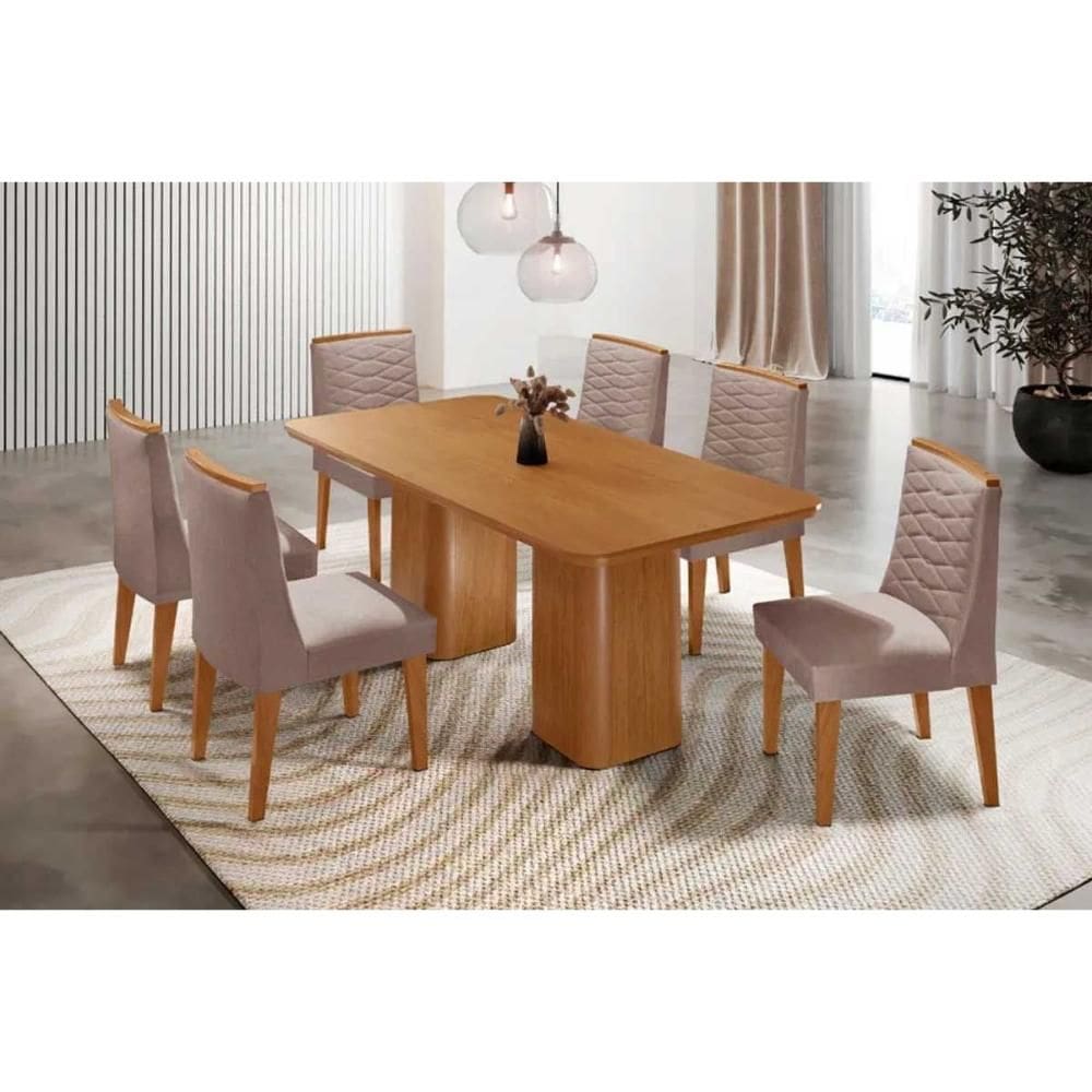 Conjunto: Mesa de Cozinha Maldivas c/ Tampo Madeirado Canto Curvo 180x90cm e 6 Cadeiras Maldivas Naturale - Linho Capuccino - Rufato