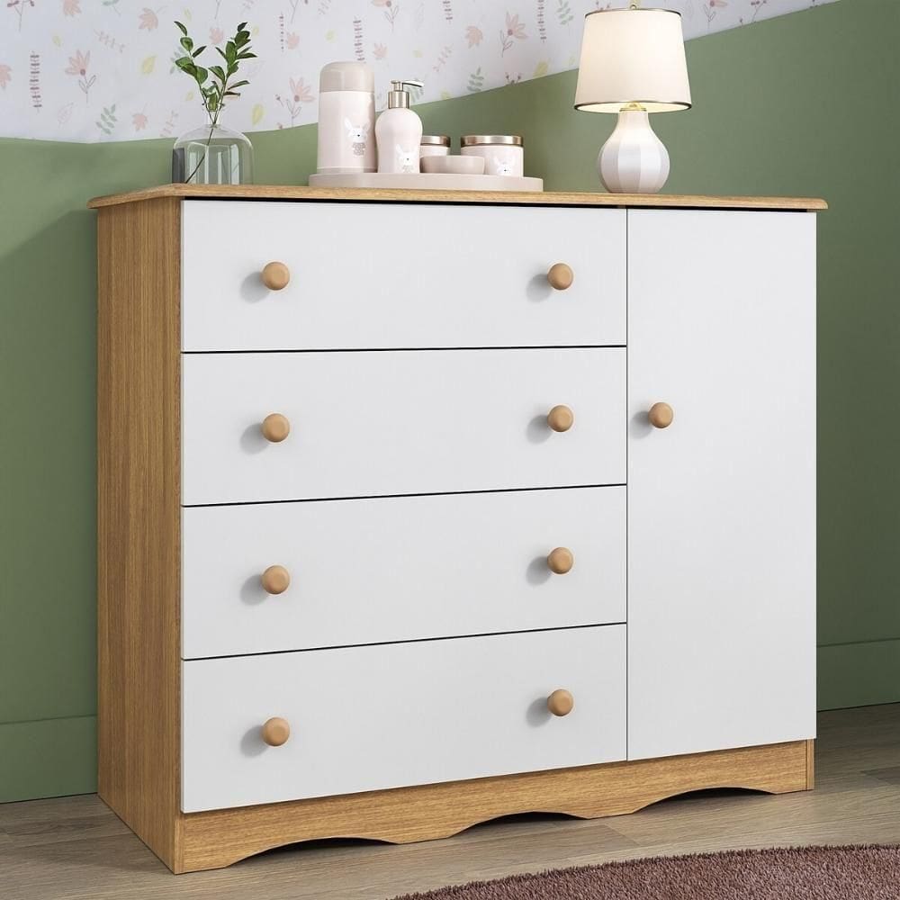 Cômoda Infantil 95cm 1 Porta E 4 Gavetas Realeza Multimóveis Mp4454 Madeiradobranco Madeiradobranco