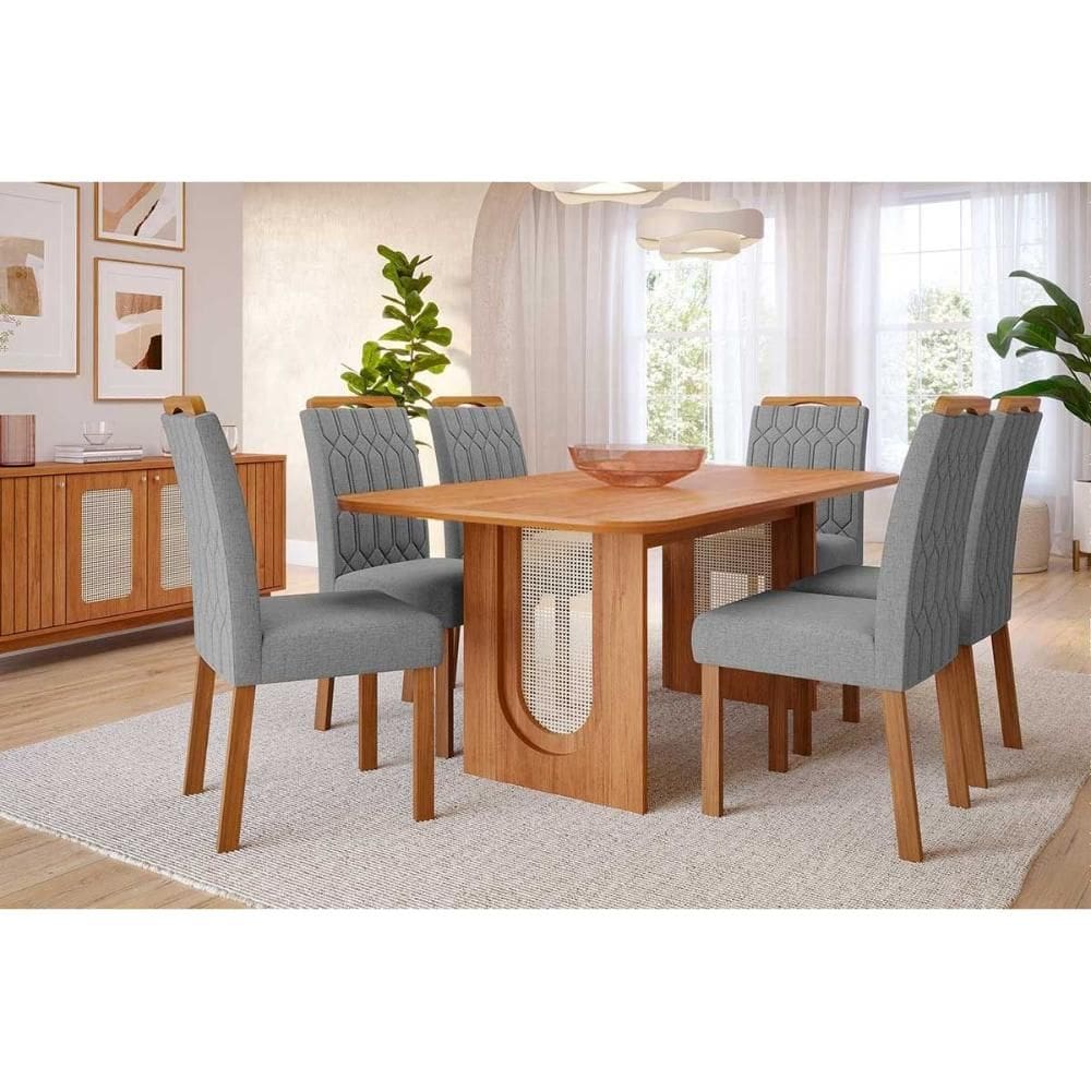 Conjunto: Mesa Sala Jantar Valentina Tampo Madeirado 180x90cm e 6 Cadeiras Paola Cinamomo - Carvalho/Linho Grafite Cimol