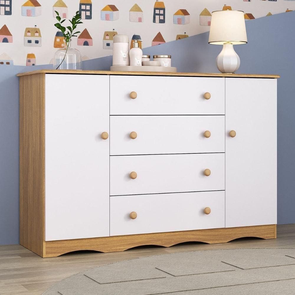 Cômoda Infantil 125cm 2 Portas E 4 Gavetas Realeza Multimóveis Mp4455 Madeiradobranco
