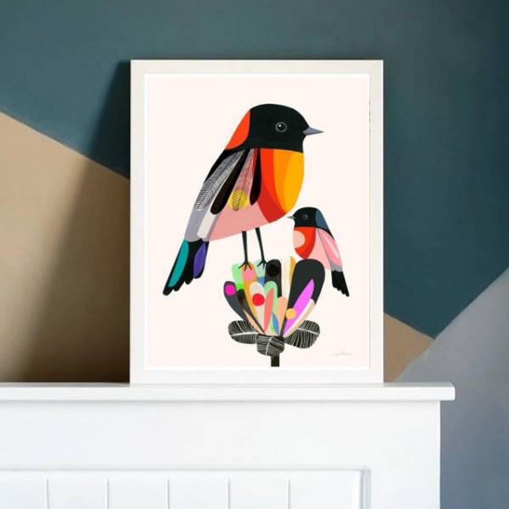 Quadro Decorativo Passarinho Colorido Com Filhote 45X34Cm