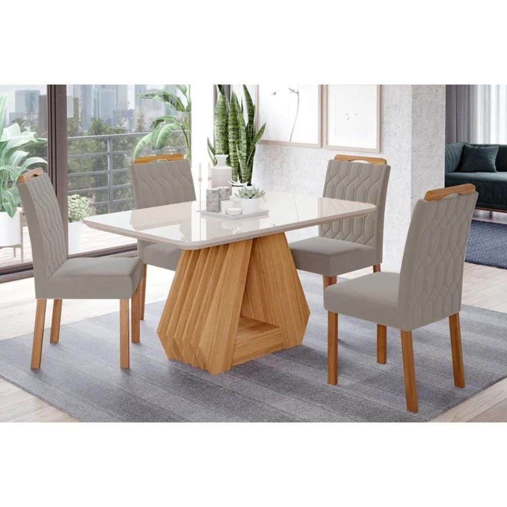 Conjunto: Mesa Sala Jantar Ágata c/ Tampo Madeirado c/ Vidro 130x80cm + 4 Cadeiras Paola Wood Cinamomo/Off White - Carvalho/Linho Grafite Cimol