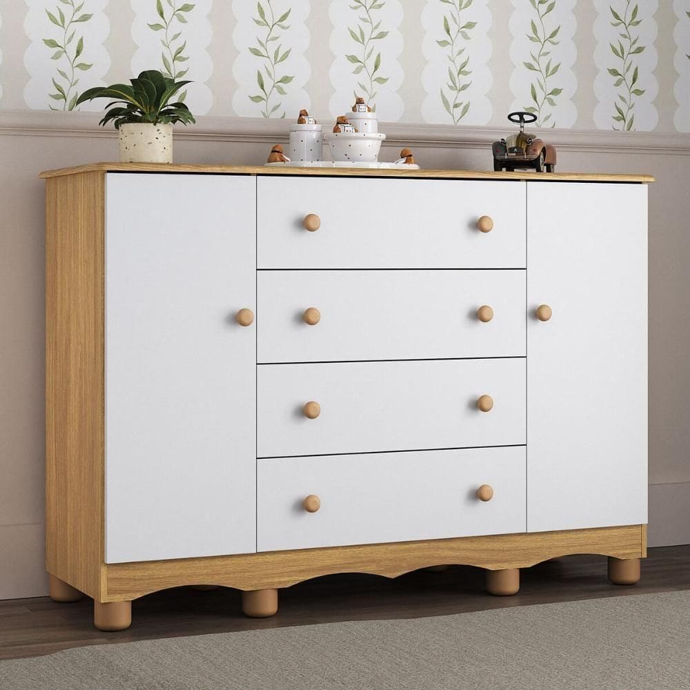 Cômoda Infantil 125cm 2 Portas E 4 Gavetas Dengo Multimóveis Mp4440 Madeiradobranco Madeiradobranco