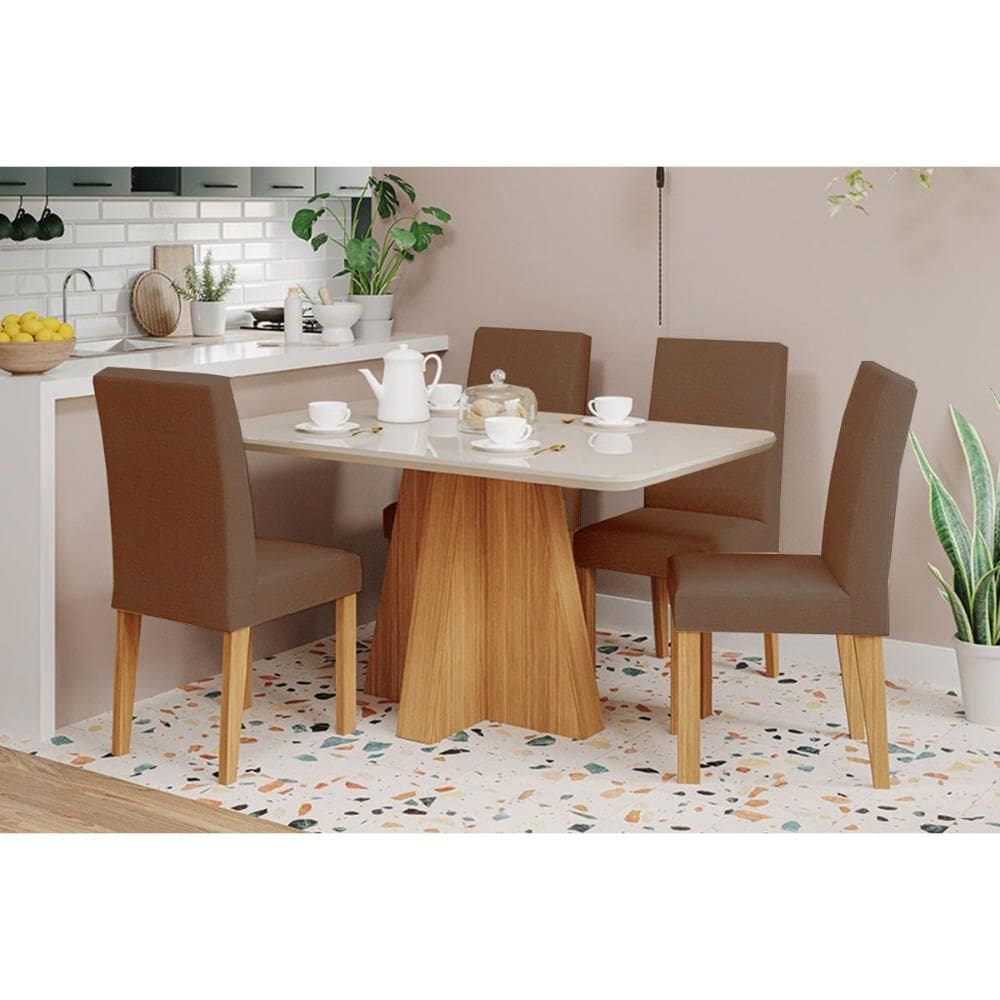 Conjunto: Mesa de Cozinha Maitê Tampo Madeirado c/ Vidro 130x80cm e 4 Cadeiras Maia Cinamomo/Off White - Suede Mascavo Chocolate - Cimol