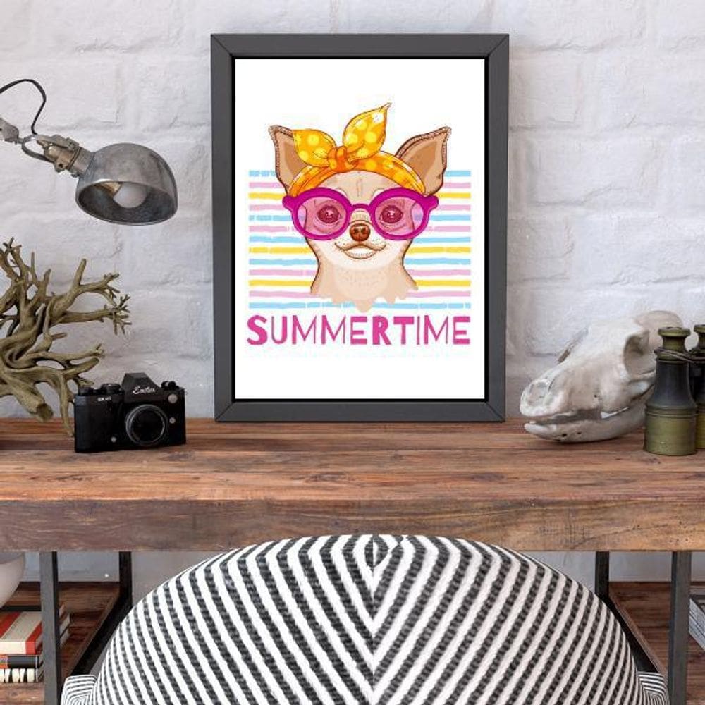 Quadro Decorativo Dog Summer Time 45x34Cm Moldura Preta