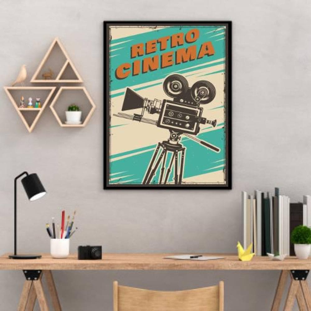 Quadro Decorativo Retrô Cinema Câmera 34X23Cm Moldura Branca