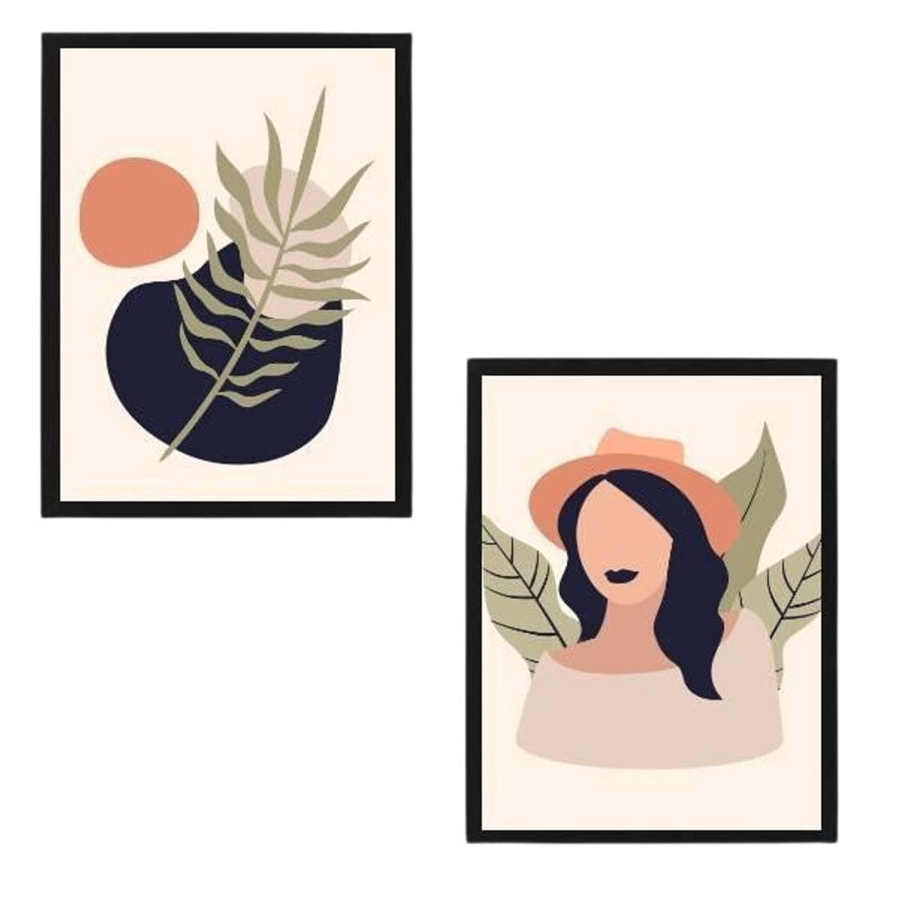 Quadro Decorativo Mulher Com Folhagem 24X18Cm 2 Peças