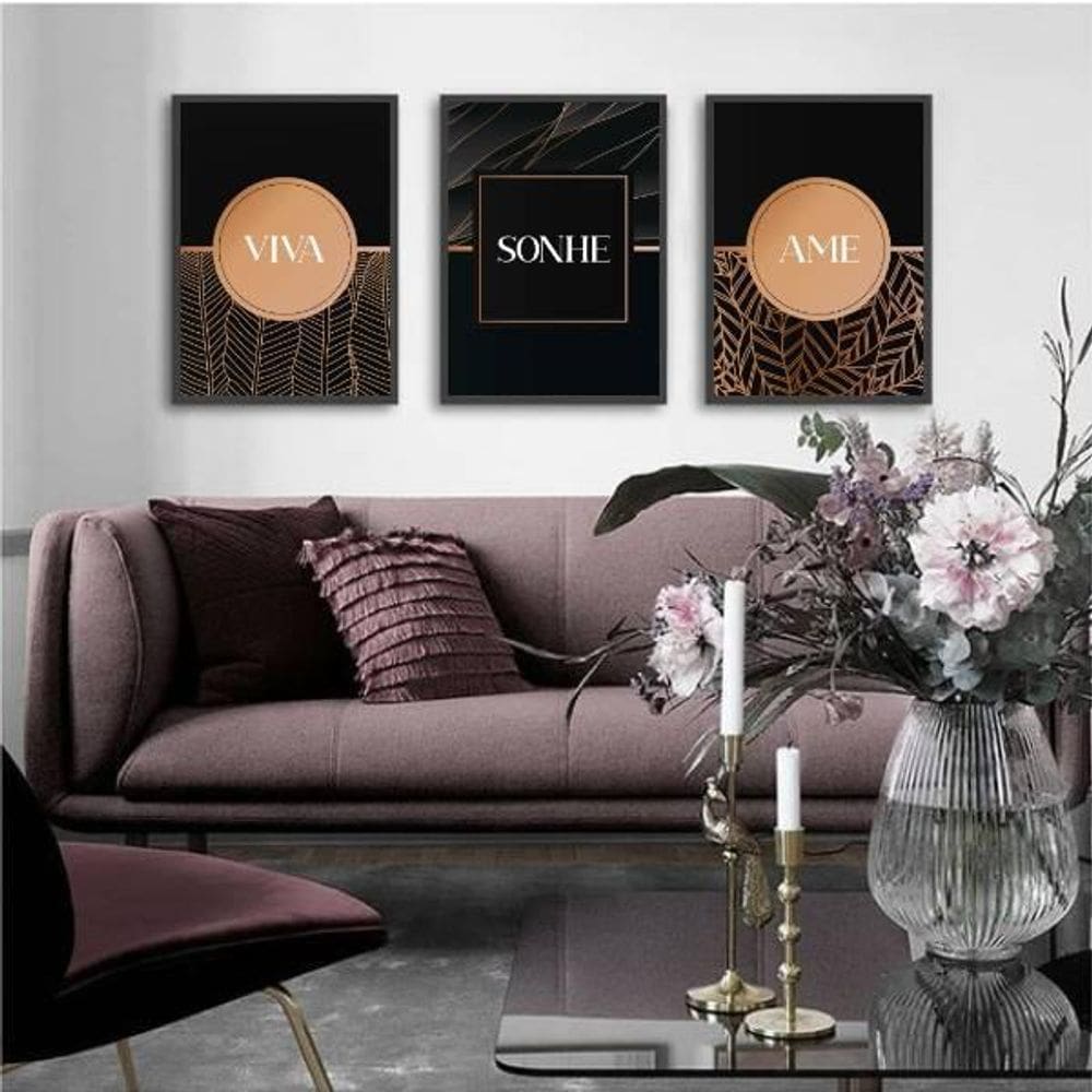 Kit 3 Quadros Viva, Sonhe, Ame - Rosê Com Preto 45X34Cm