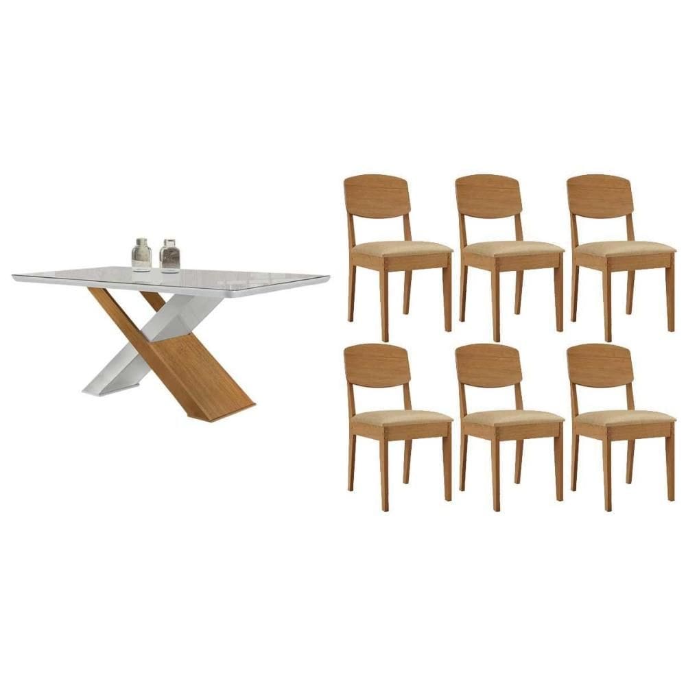 Conjunto: Mesa Sala Jantar Imperatriz Curvo 180cm + 6 Cadeiras Havana Naturale/Off White - Suede Creme - Rufato