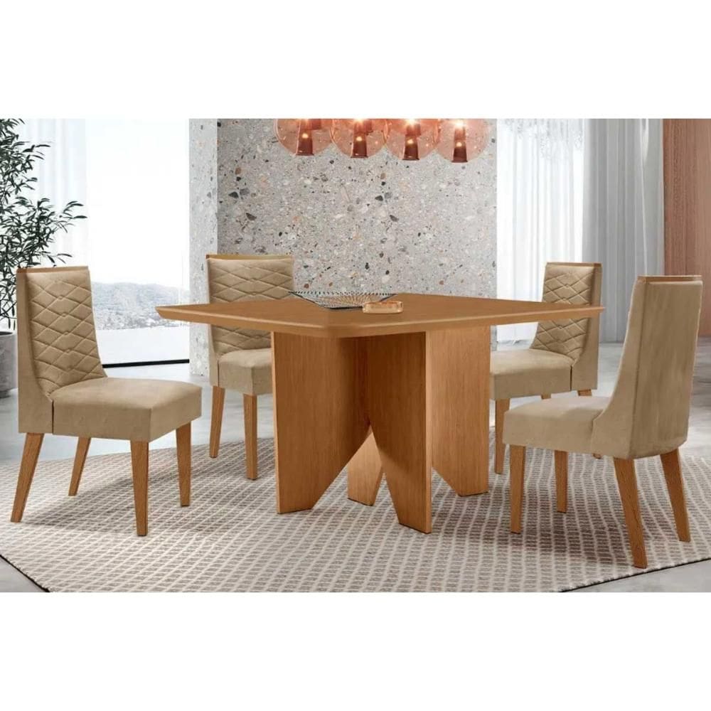 Conjunto: Mesa de Cozinha Nevada Curvo 90cm + 4 Cadeiras Maldivas Madeira Naturale - Capuccino/Linho Bege - Rufato