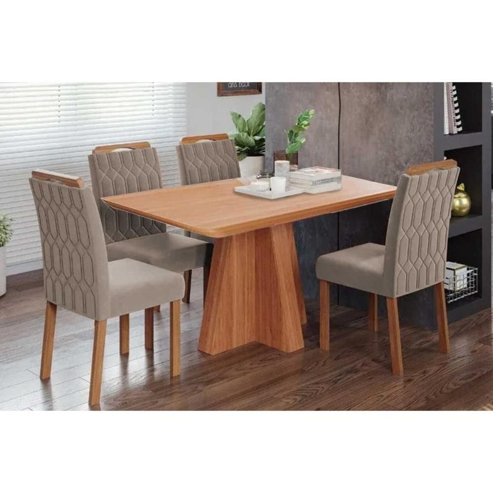Conjunto: Mesa Sala Jantar Maitê Tampo Madeirado 130x80cm e 4 Cadeiras Paola Cinamomo - Carvalho/Linho Bege Cimol