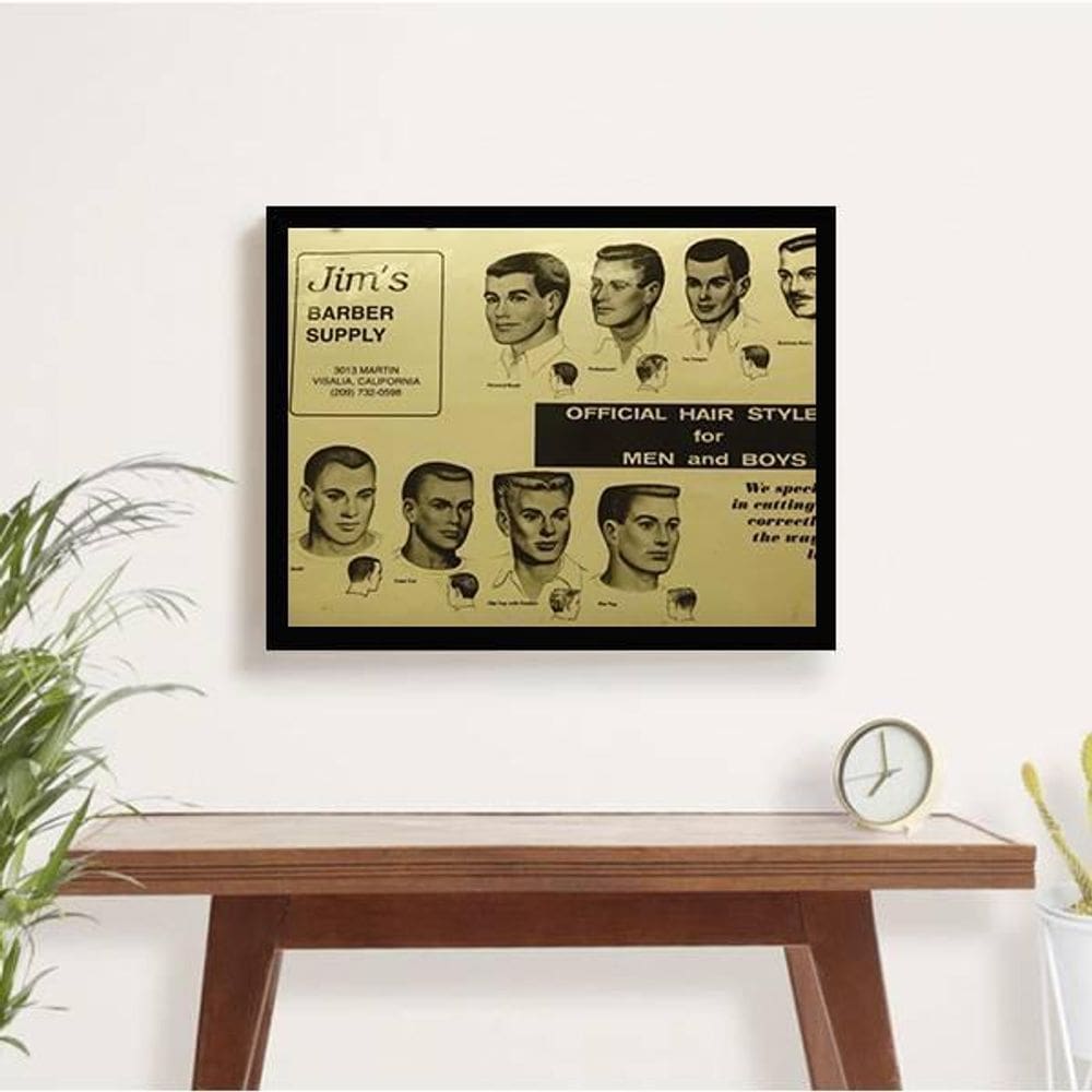 Quadro Vintage Official Hair Men`S Style 24X18 C/Vidro Preta