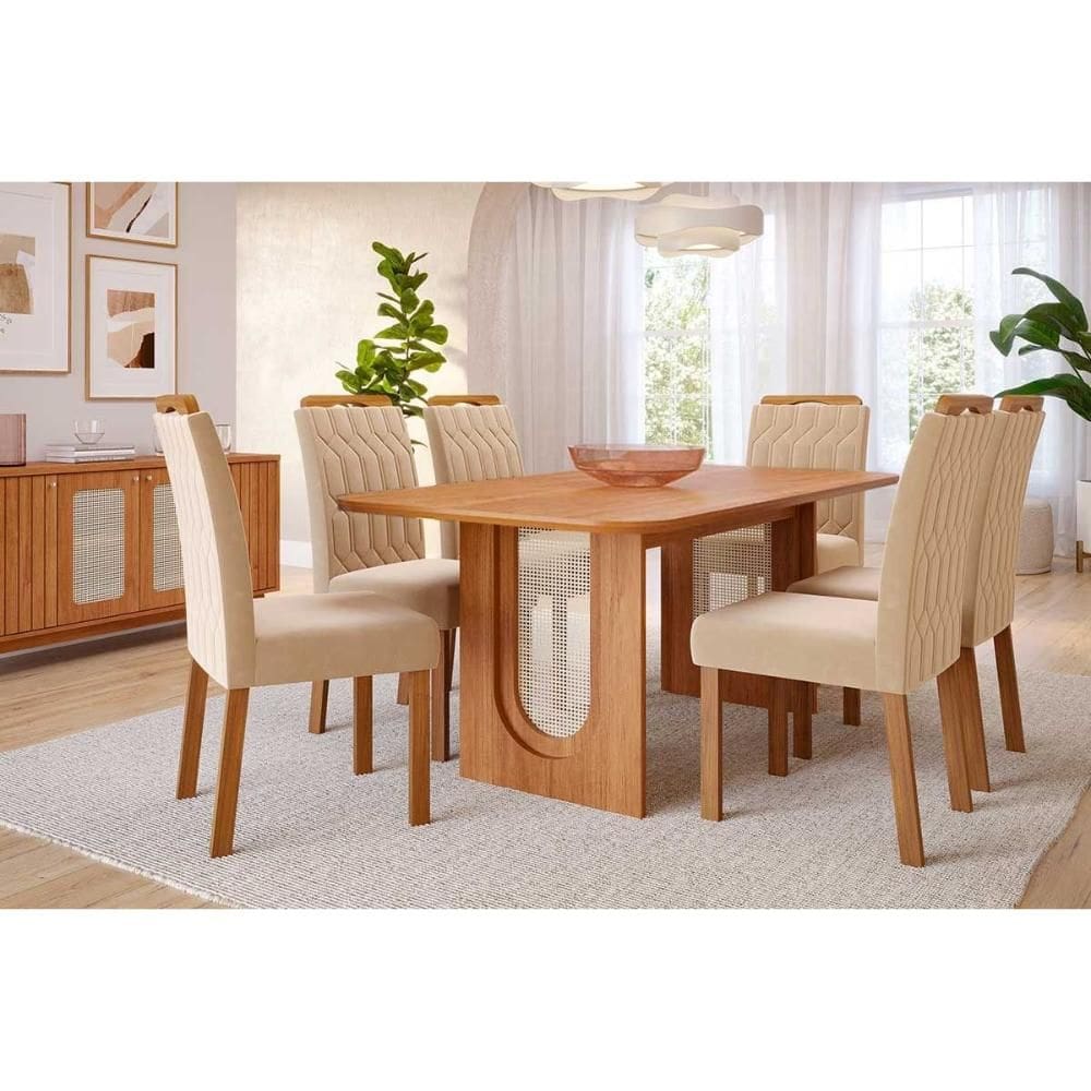 Conjunto: Mesa Sala Jantar Valentina Tampo Madeirado 180x90cm e 6 Cadeiras Paola Cinamomo - Carvalho/Suede Nude Bege Cimol