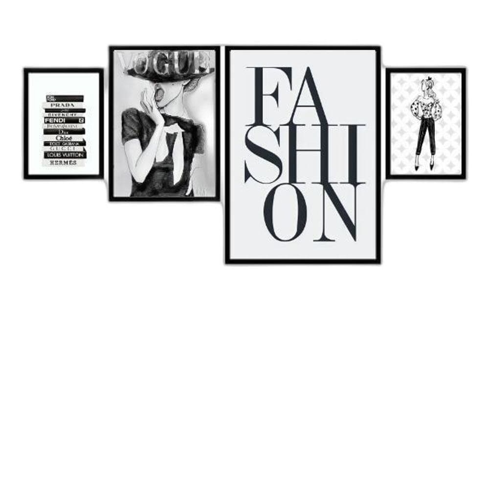 Kit 4 Quadros Moda Fashion - Tam M 24X18Cm - Com Vidro Preta