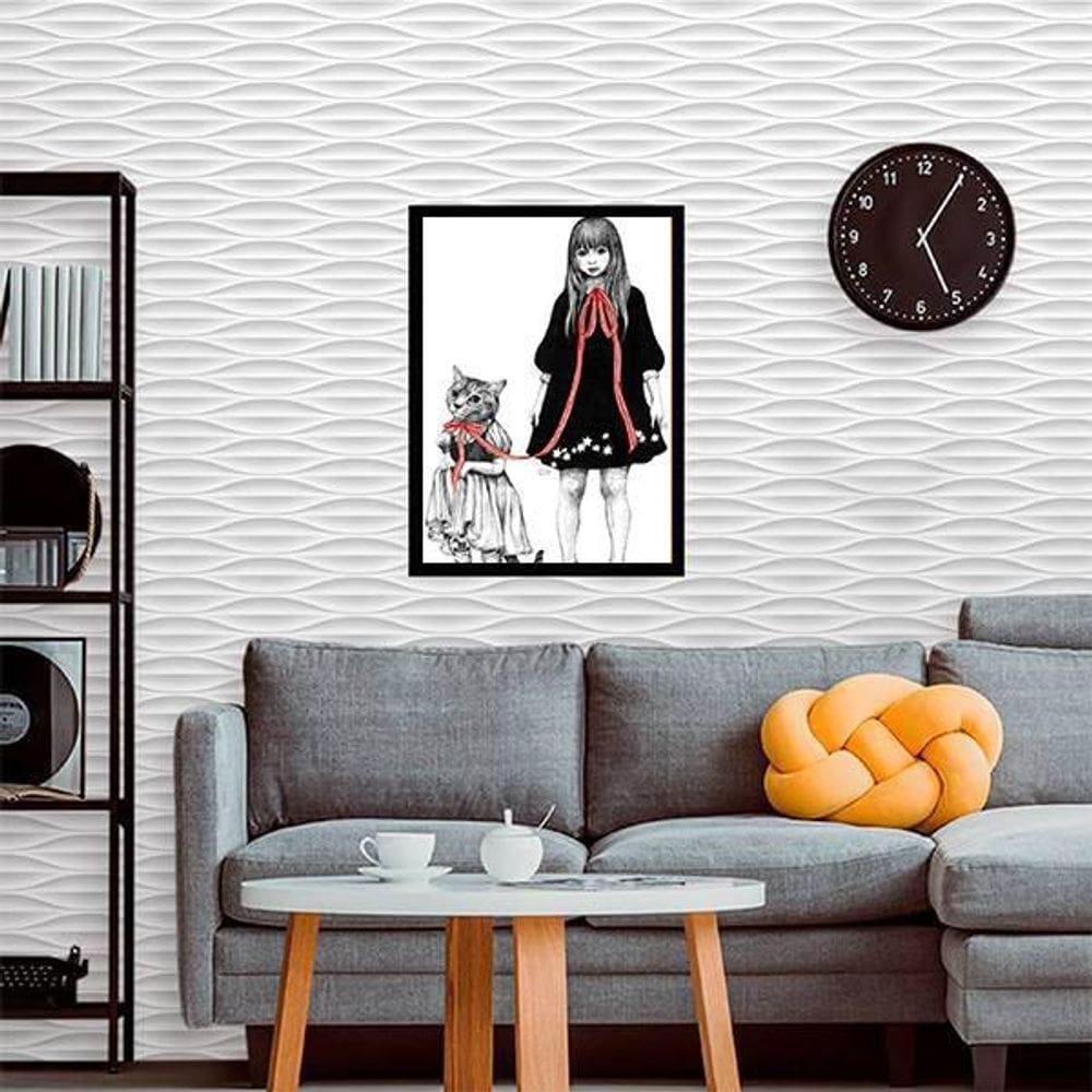 Quadro Decorativo Menina Com Gatinho 45x34Cm Moldura Preta