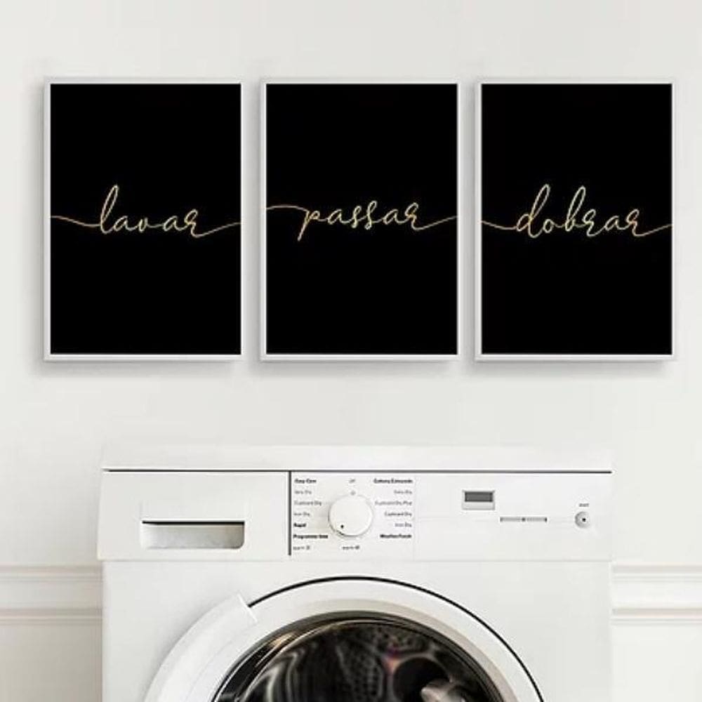 Kit 3 Quadros Lavar Passar Dobrar 33X24Cm Moldura Branca