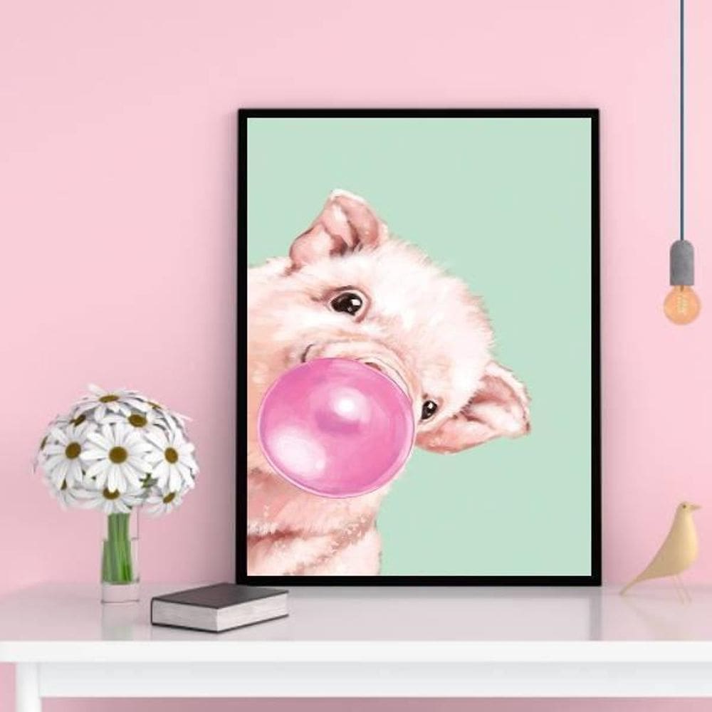 Quadro Decorativo Porquinho Bubble Gum 45X34Cm Madeira Preta