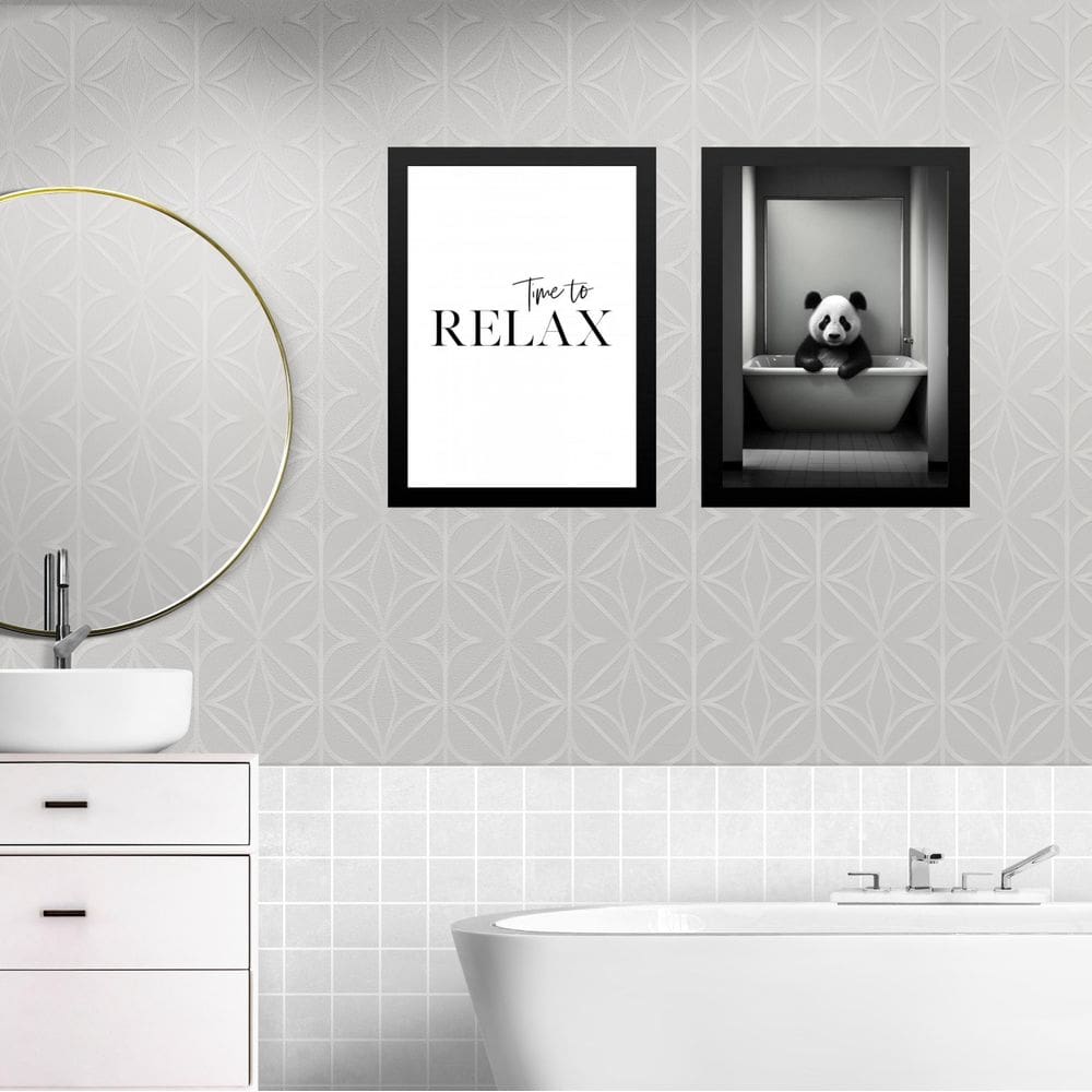 Kit 2 Quadros Banheiro Panda - Time To Relax 33X24Cm - Vidro