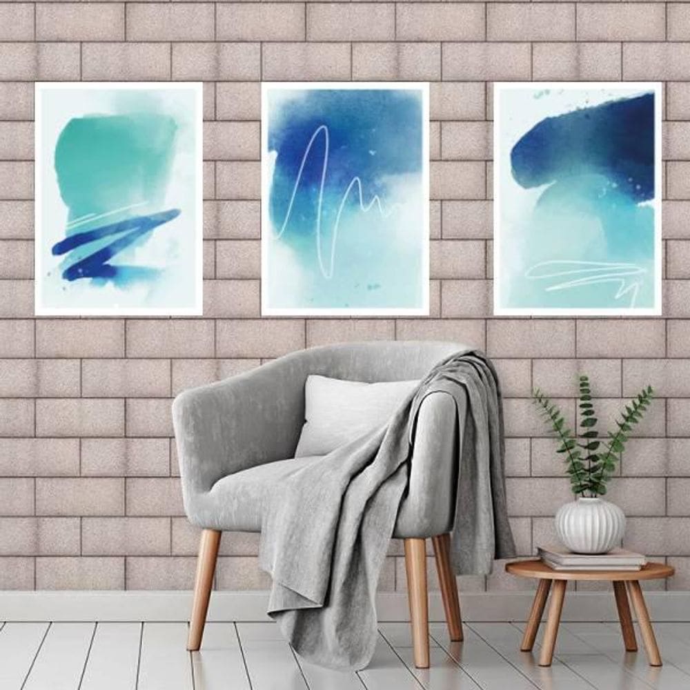 Kit Quadro Decorativo Abstratos Azuis 45x34cm 3 Peças