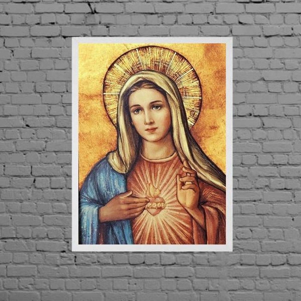 Quadro Arte Sagrado Coração De Maria 33X24Cm Moldura Branca