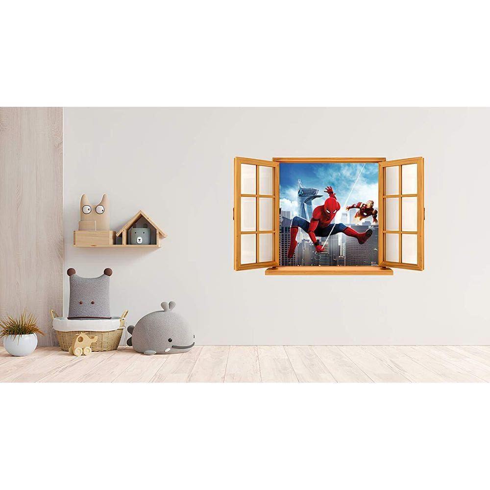 Adesivo De Parede Janela Homem Aranha E Homem De Ferro