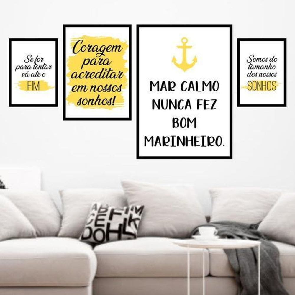 Kit 4 Quadros Mar Calmo-Amarelo 45X34 Com Vidro Preta