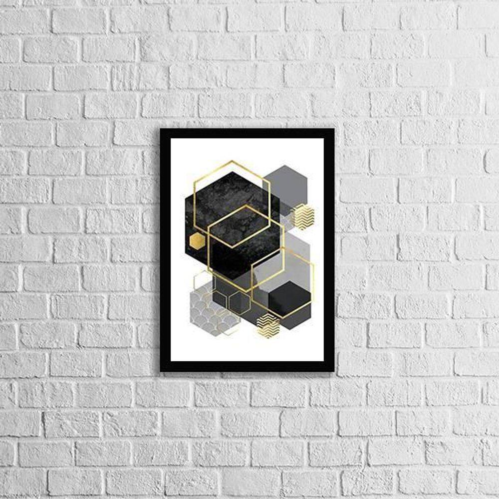 Quadro Geométrico Hexágonos Preto E Cinza 33X24Cm Preta