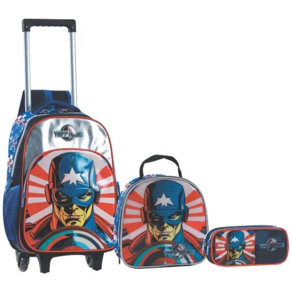 Kit Mochila Rodinha Lancheira Escolar Estojo Capitão América