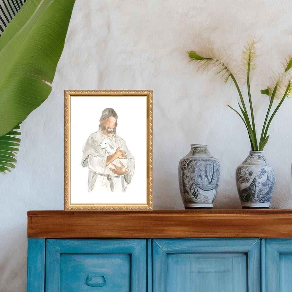 Quadro Moldura Dourada Jesus Com Cordeiro 24X18Cm