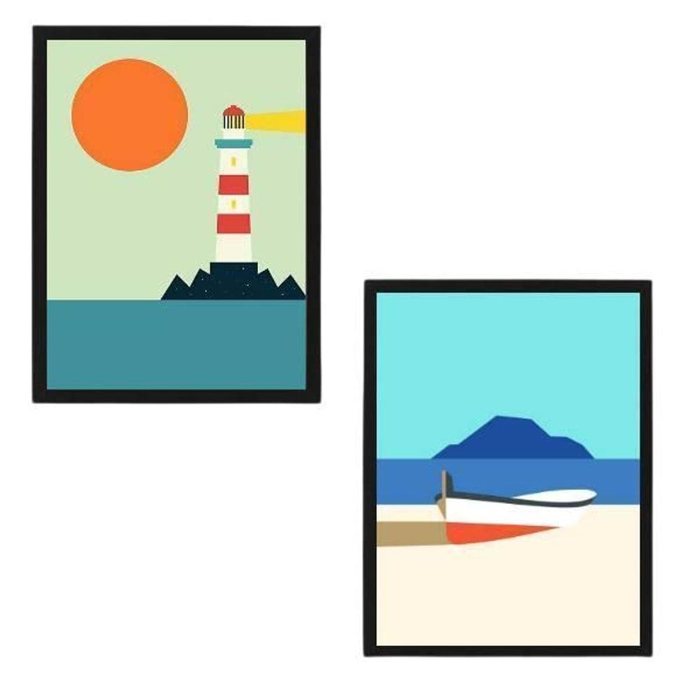 Kit 2 Quadros Marinha 33X24Cm - Com Vidro - Madeira Preta