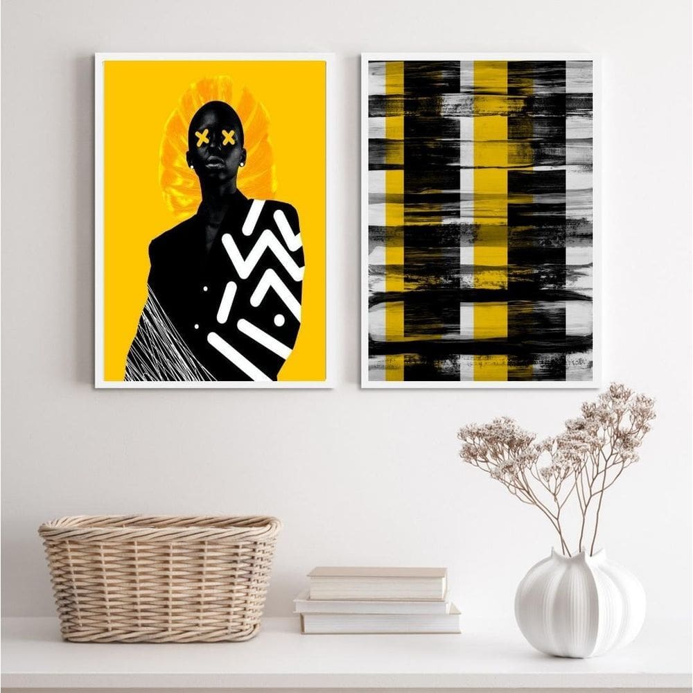 Kit 2 Quadros Mod. Preto/Amarelo Mulher Abstrato 24x18cm