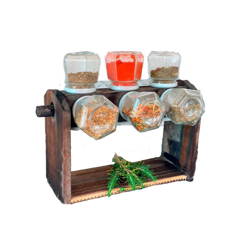 Porta Tempero Em Madeira Com 12 Potes