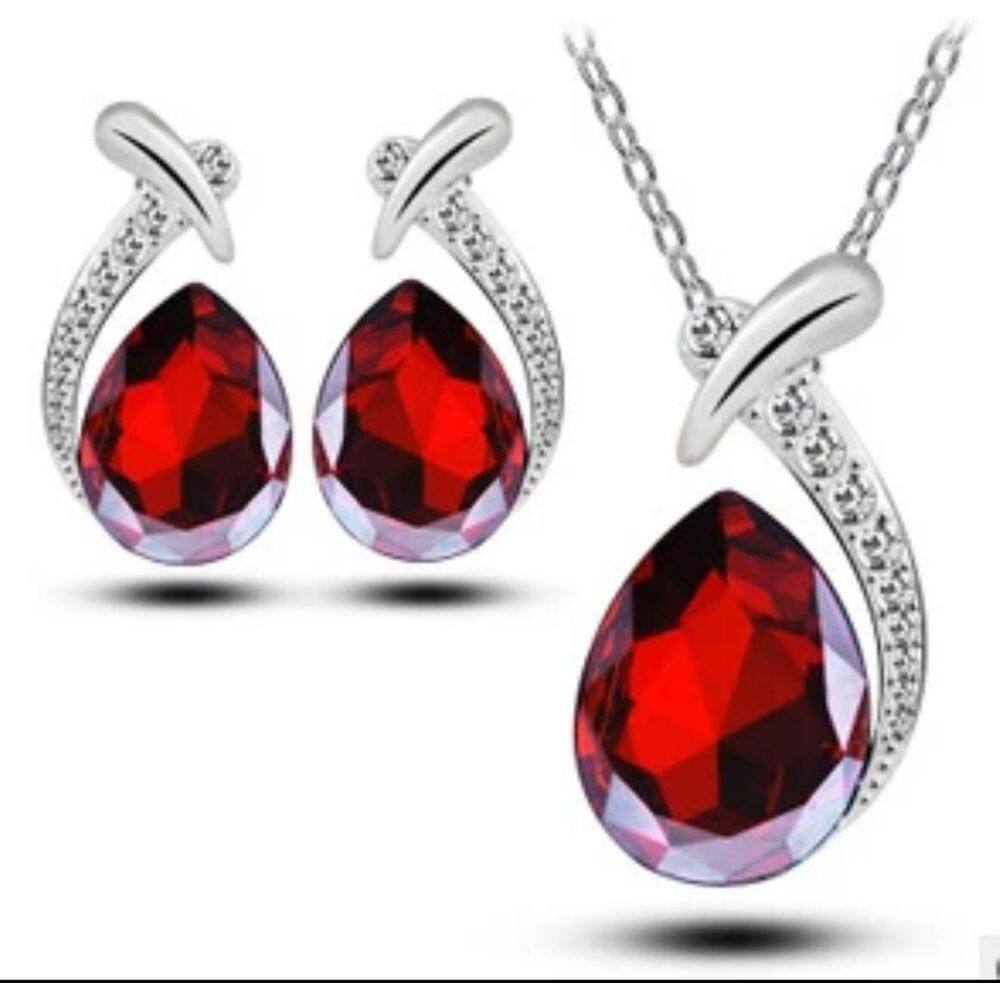 Conjunto Colar E Brincos Formato De Gota Cor Prata Vermelho