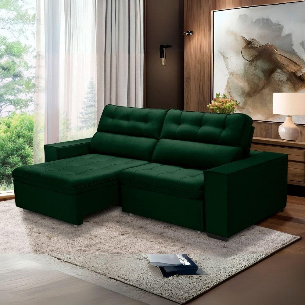 Sofa Retratil Reclinavel 2 Lugares 2,00 Vitória Veludo Verde Lansofbr