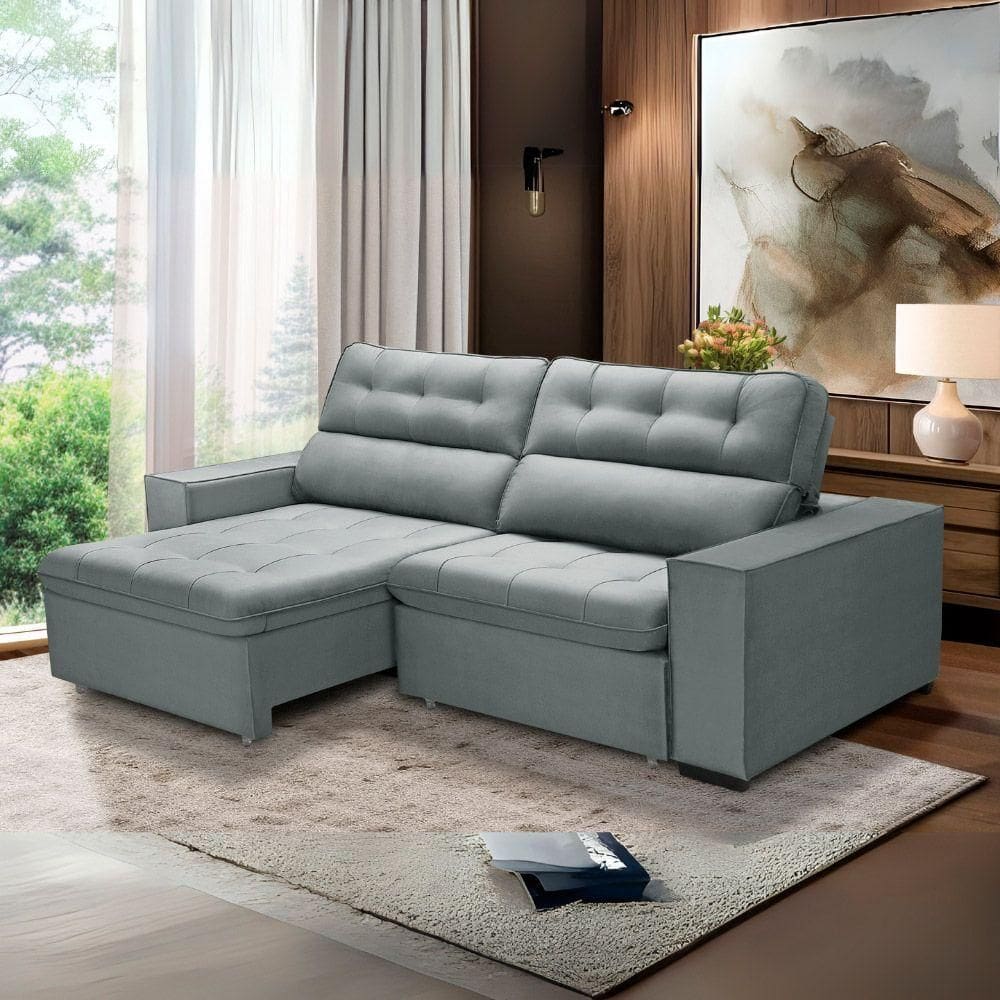Sofa Retratil Reclinavel 2 Lugares 2,00 Vitória Veludo Cinza Claro Lansofbr