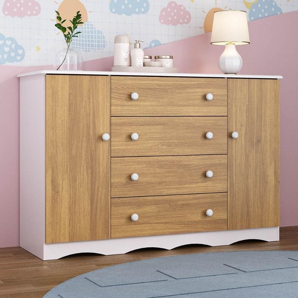 Cômoda Infantil 125cm 2 Portas E 4 Gavetas Realeza Multimóveis  Brancomadeirado