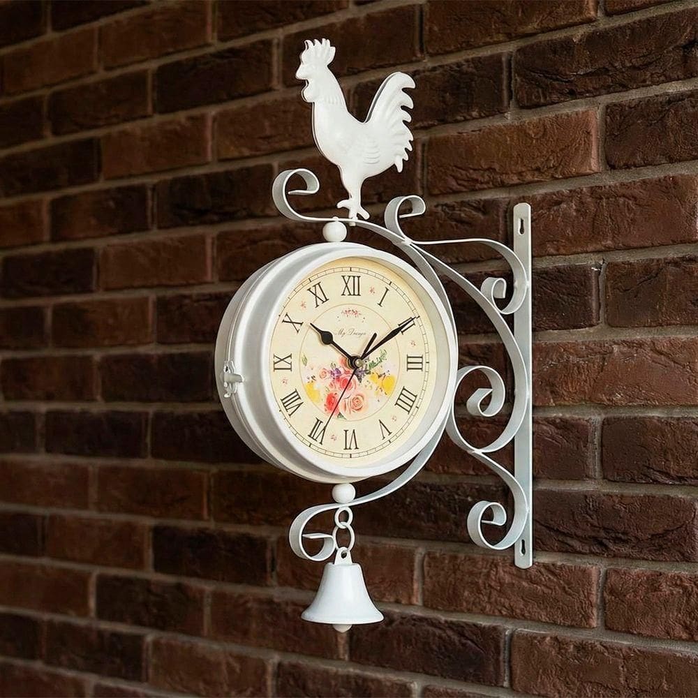 Relógio Estação Dupla Face Decoração Galo Branco Romano Retrô