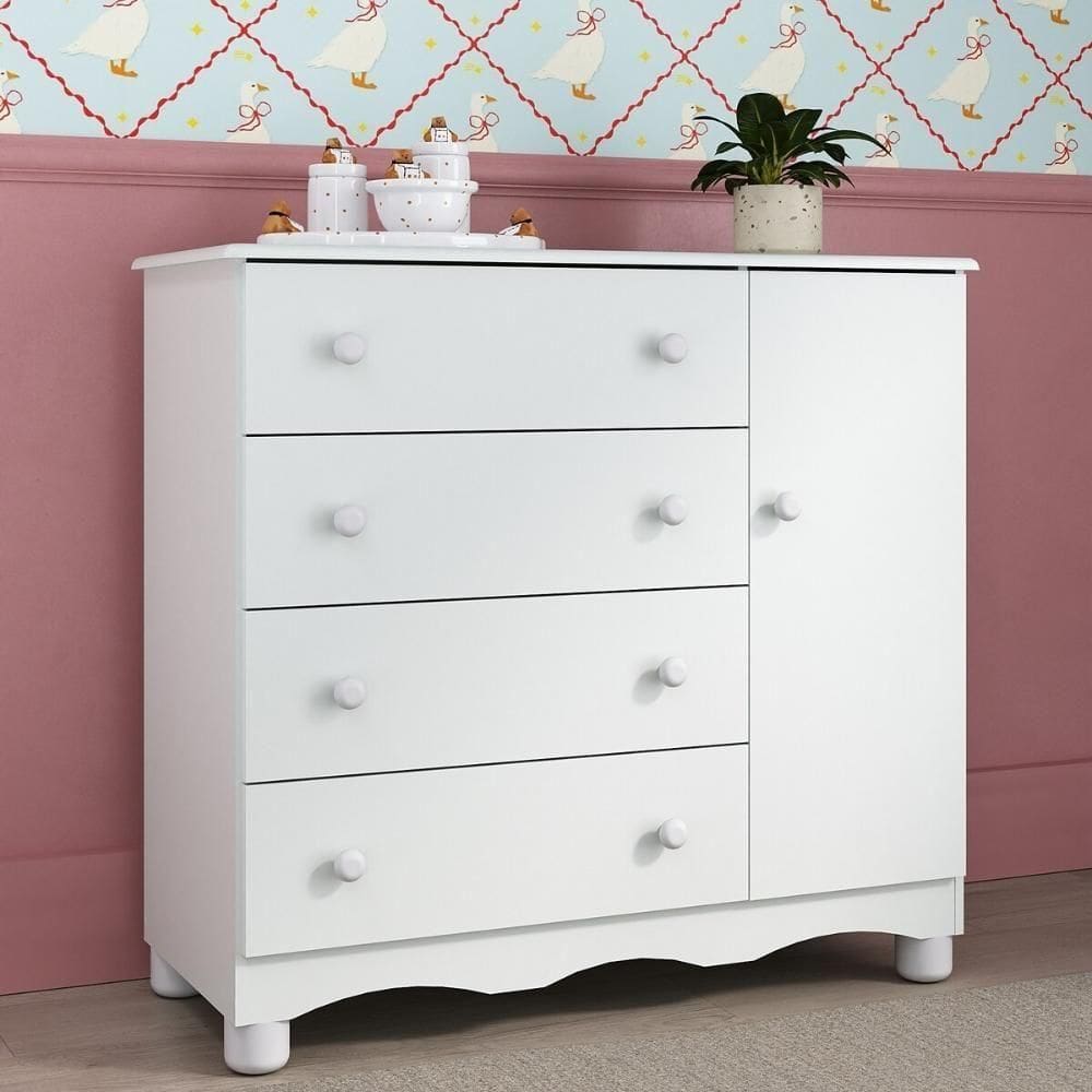 Cômoda Infantil 95cm 1 Porta E 4 Gavetas Dengo Multimóveis Mp4439 Branco Branco