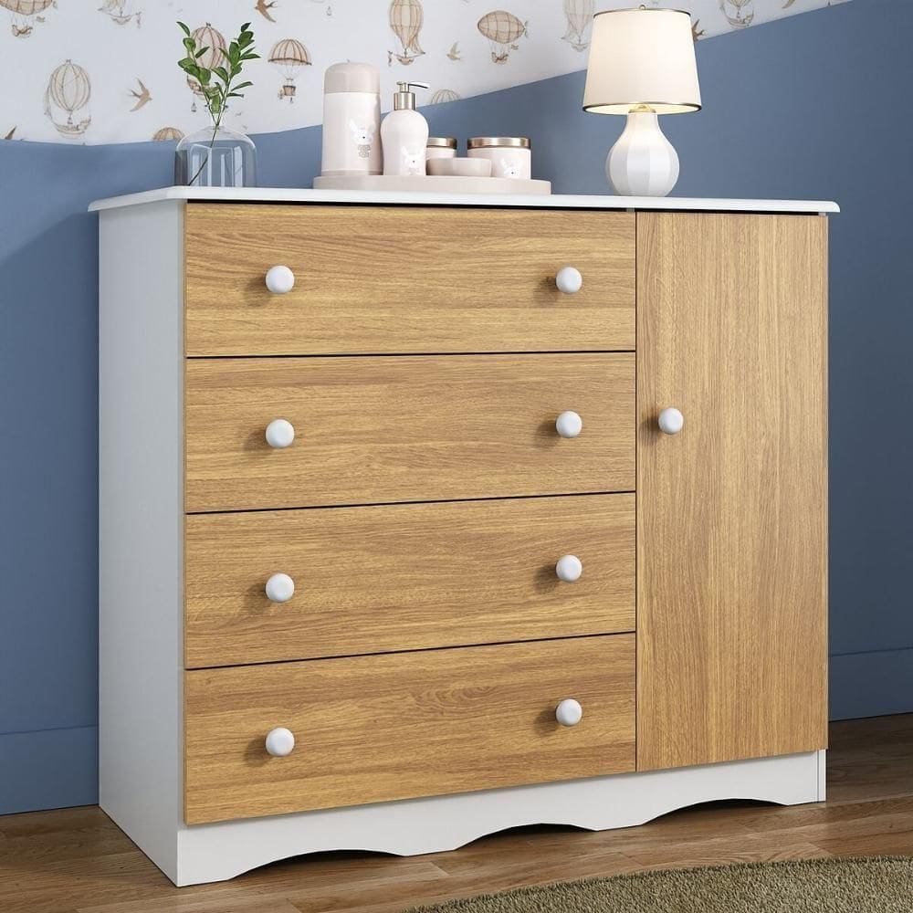 Cômoda Infantil 95cm 1 Porta E 4 Gavetas Realeza Multimóveis Mp4454 Brancomadeirado Brancomadeirado